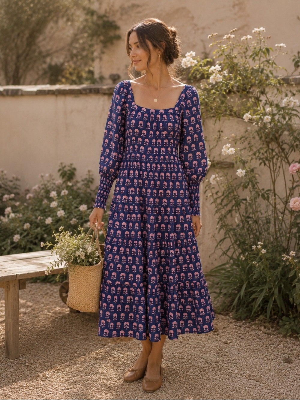 Navy & Pink Floral Dress | Cottagecore Square Neck Prairie Dress | Long Sleeve